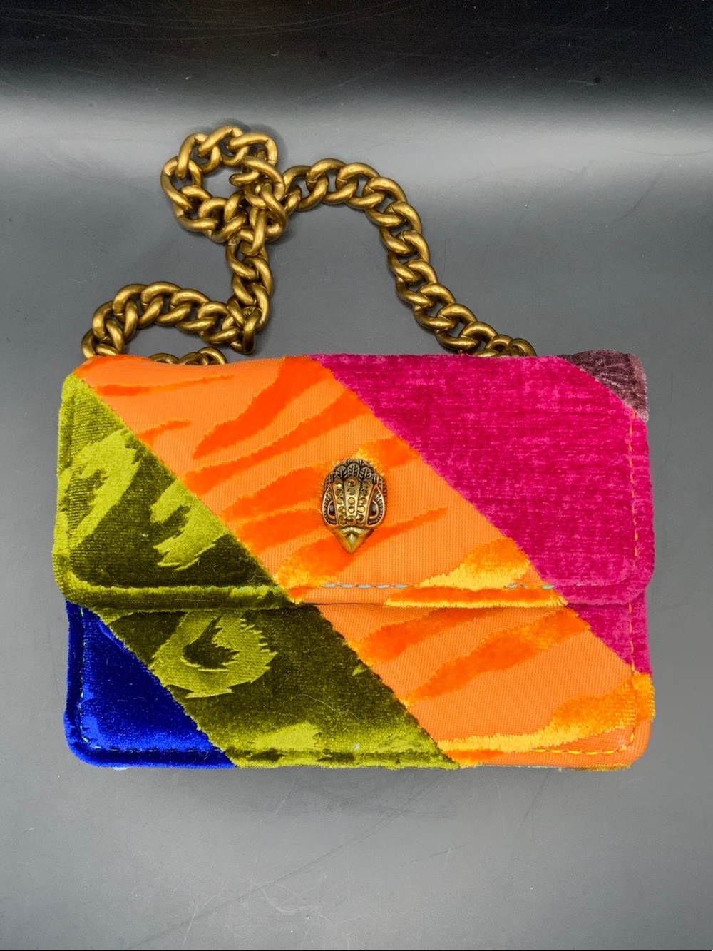 Kurt Geiger Pink Orange Green Velvet Chain Card Holder Shoulder Bag